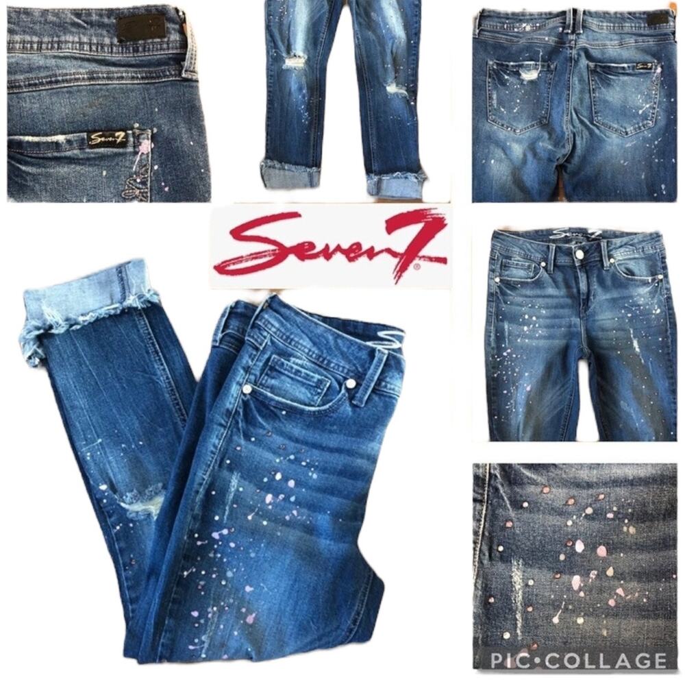 Seven 7 rhinestone & paint spatter crop blue jeans size 6